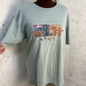 Vintage 90s Colorado Watercolor Art Teal Tee Shirt XL